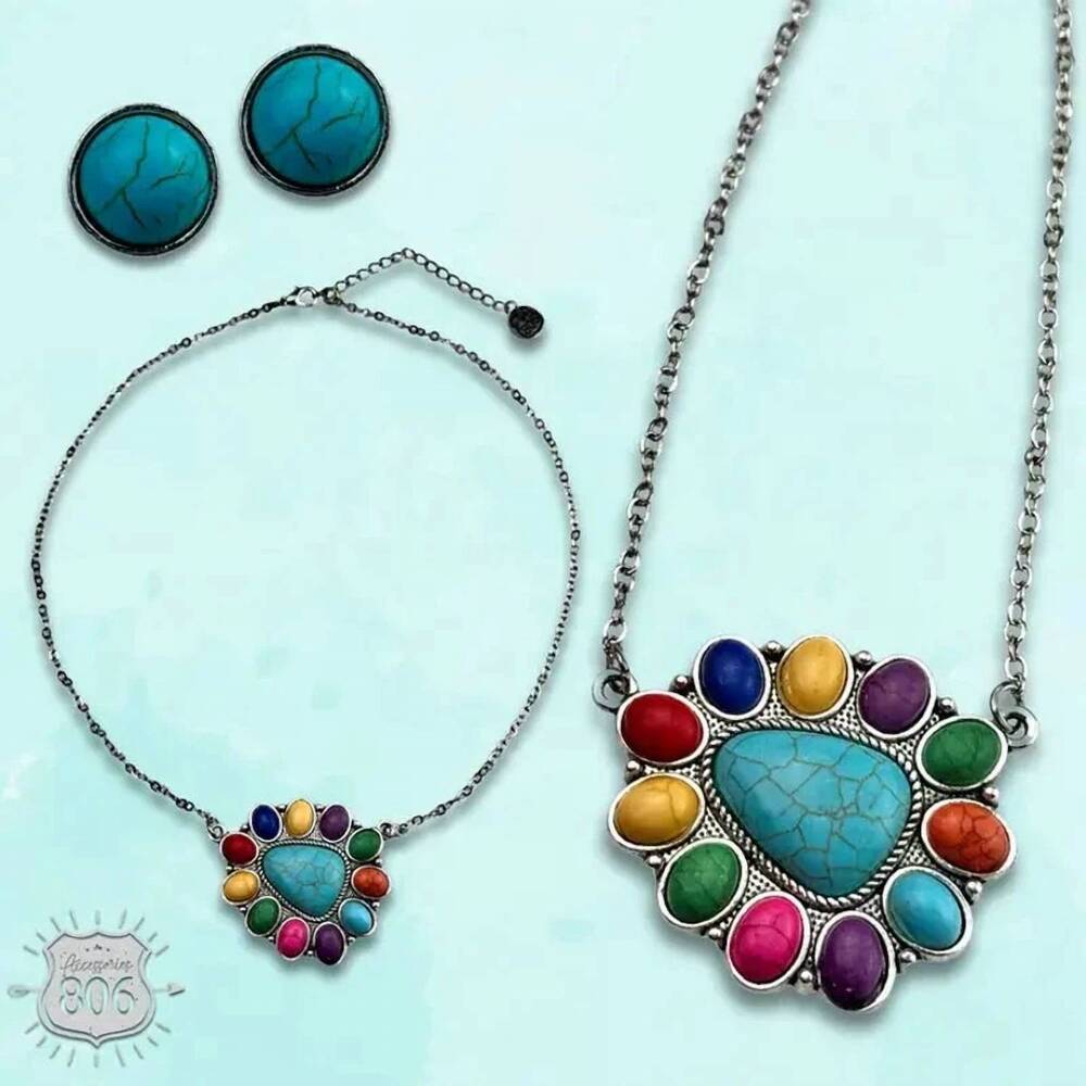 NEW PINK PANACHE women's stone triangle necklace & stud earring set in multicolo